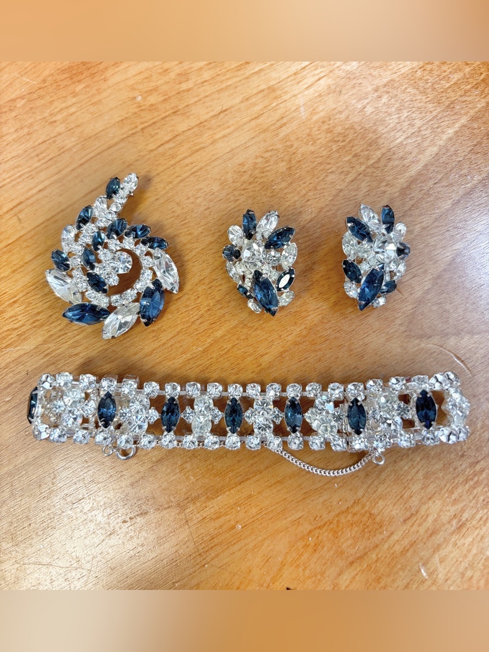 Sapphire and Clear Crystal Bracelet, Brooch and Earring Set